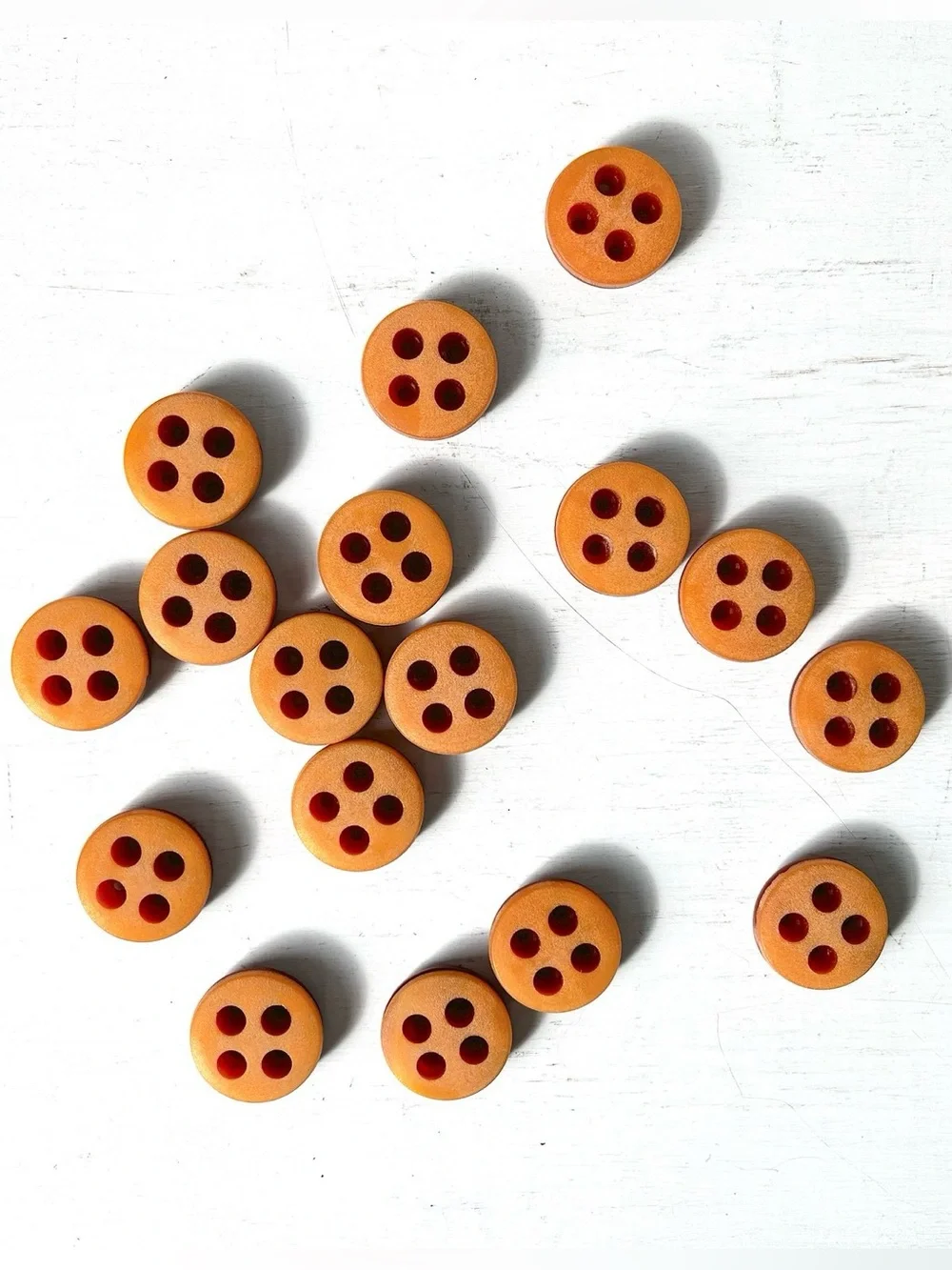 17 Unusual Vintage Sanded Round Plastic 4 hole Buttons w Groove Pumpkin Orange
